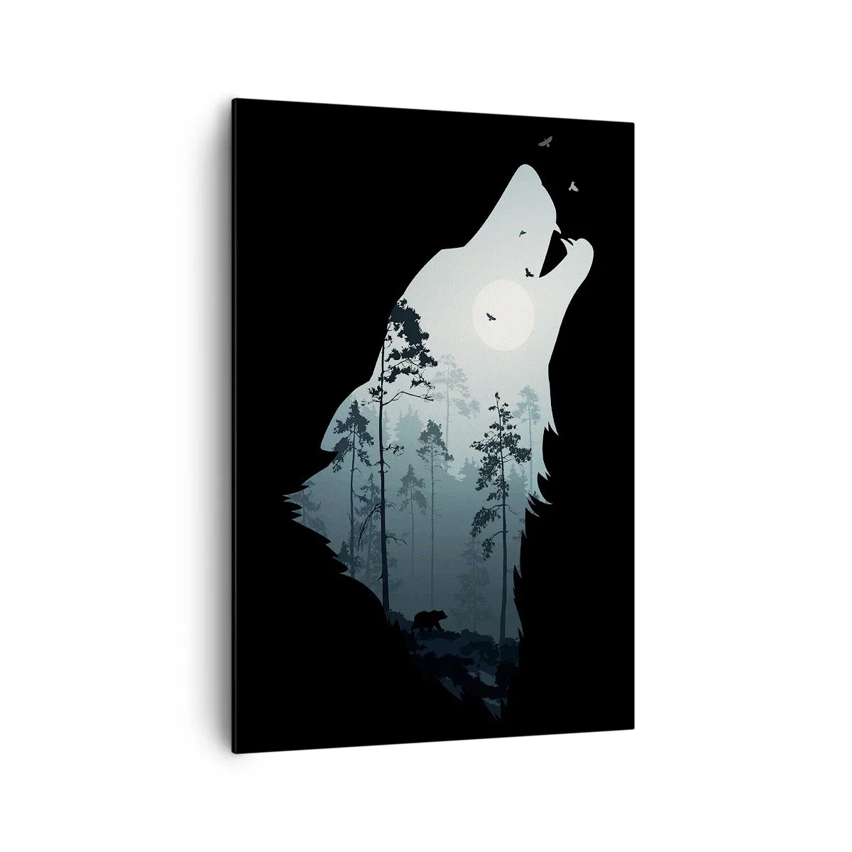 Bild auf Leinwand - Leinwandbild - Silhouette eines Wolfes mit Wald und Mond im Hintergrund - 70x100cm - Die Stimme der Waldnacht - Moderne Wanddekoration für Wohnzimmer und Schlafzimmer ARTTOR
