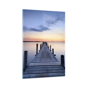 Glasbild - Bild auf glas - Holzsteg am See bei Sonnenuntergang - 80x120cm - Die Ruhe einer heiteren Dämmerung - Moderne Wanddekoration für Wohnzimmer und Schlafzimmer ARTTOR