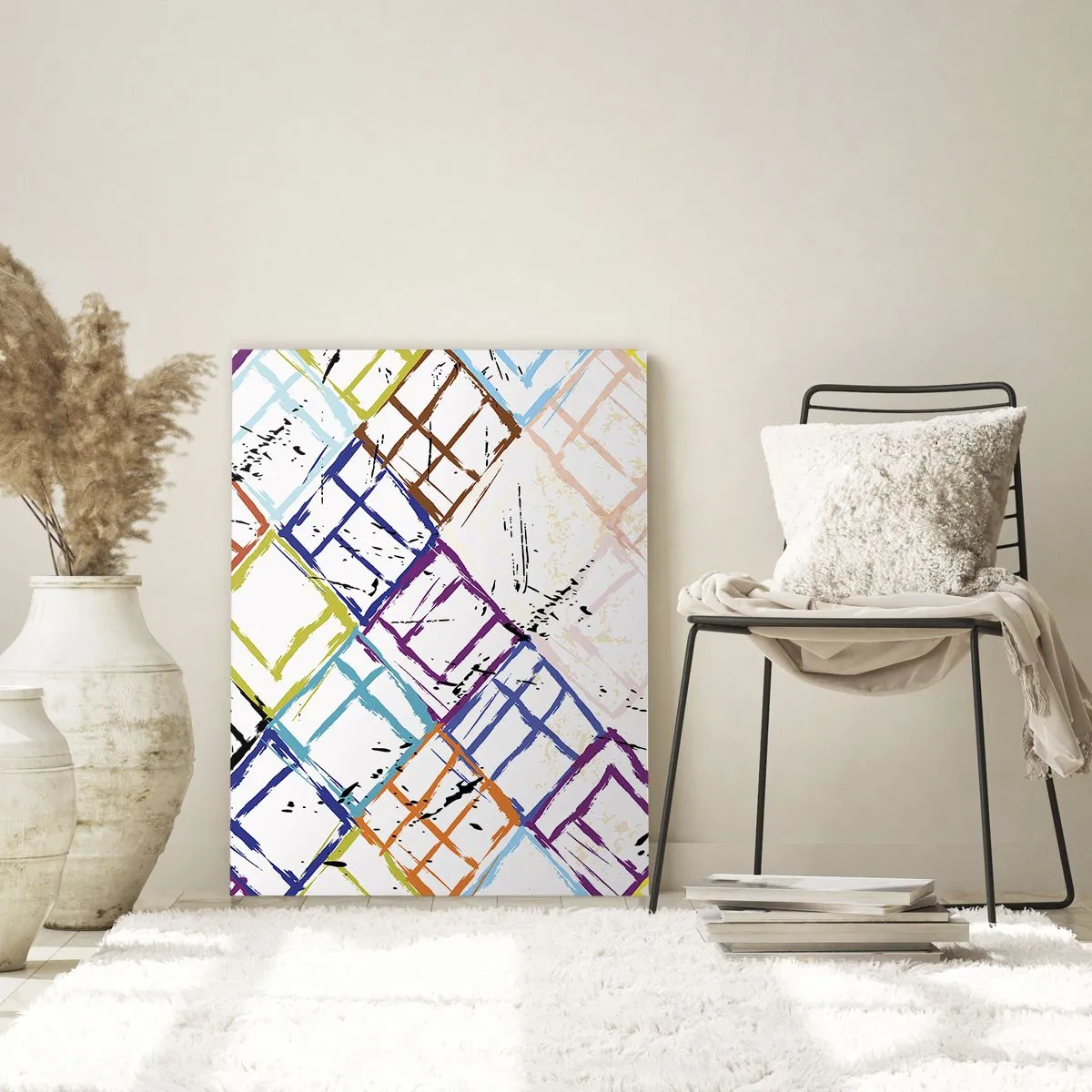 Glasbild - Bild auf glas - Bunte Abstraktion mit geometrischen Formen auf weißem Hintergrund - 70x100cm - Zellen zu vermieten - Moderne Wanddekoration für Wohnzimmer und Schlafzimmer ARTTOR