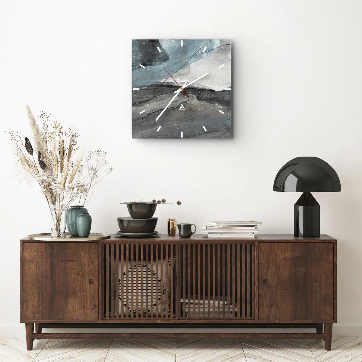 Wanduhr - Glasuhr - Abstrakte Komposition in Grau- und Blautönen - 30x30cm - Abstraktion: Felsen und Eis - Moderne Wanddekoration für Wohnzimmer und Schlafzimmer ARTTOR