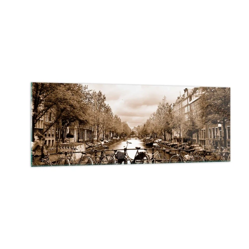 Glasbild - Bild auf glas - Fahrradbrücke über den Kanal in Sepia - 140x50cm - Niederländische Atmosphäre - Moderne Wanddekoration für Wohnzimmer und Schlafzimmer ARTTOR