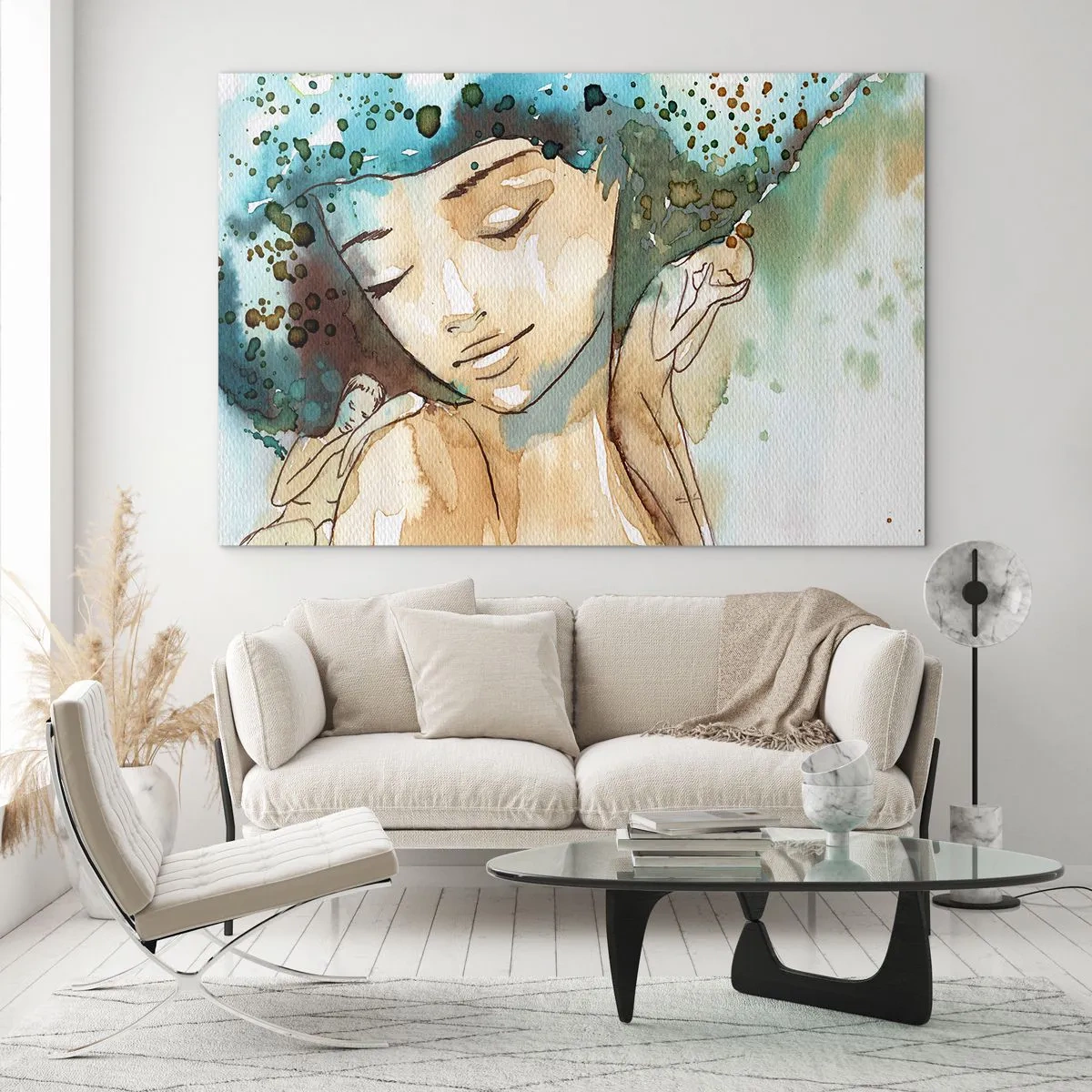 Glasbild - Bild auf glas - Aquarellporträt einer Frau mit geschlossenen Augen - 120x80cm - Dame in Blau - Moderne Wanddekoration für Wohnzimmer und Schlafzimmer ARTTOR