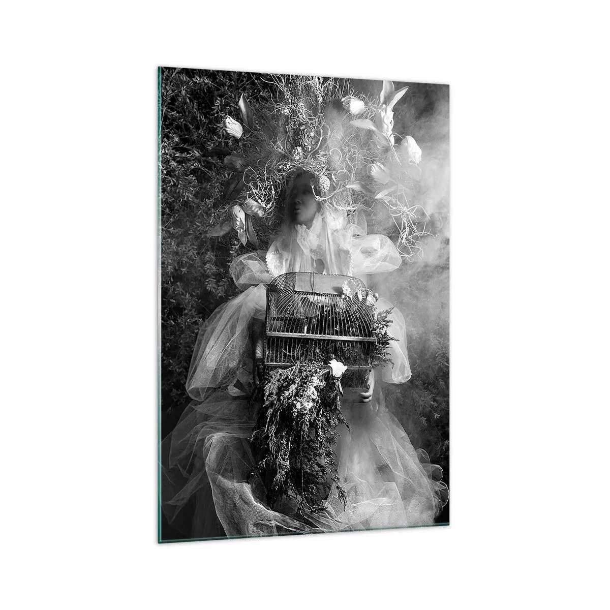 Glasbild - Bild auf glas - Eine Schwarz-Weiß-Komposition mit einer Figur in einem Kleid und einem Käfig im Nebel. - 70x100cm - Mutter selbst - Natur - Moderne Wanddekoration für Wohnzimmer und Schlafzimmer ARTTOR