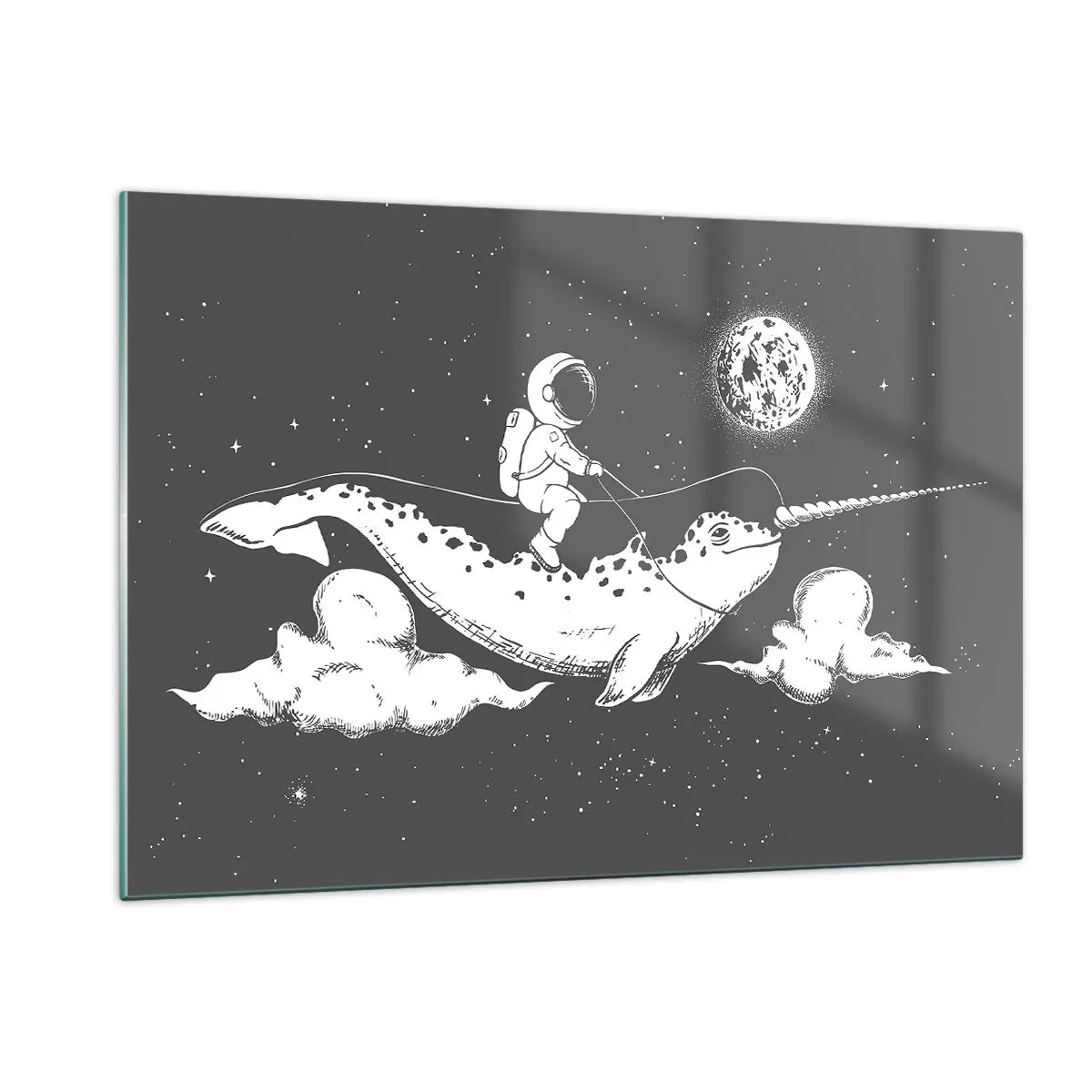 Glasbild - Bild auf glas - Astronaut reitet auf einem Narwal in einer Weltraumkulisse - 120x80cm - Weltraumreiter - Moderne Wanddekoration für Wohnzimmer und Schlafzimmer ARTTOR