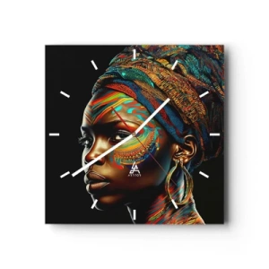 Wanduhr - Glasuhr - Porträt einer Frau mit buntem Muster und Turban - 30x30cm - Afrikanische Königin - Moderne Wanddekoration für Wohnzimmer und Schlafzimmer ARTTOR