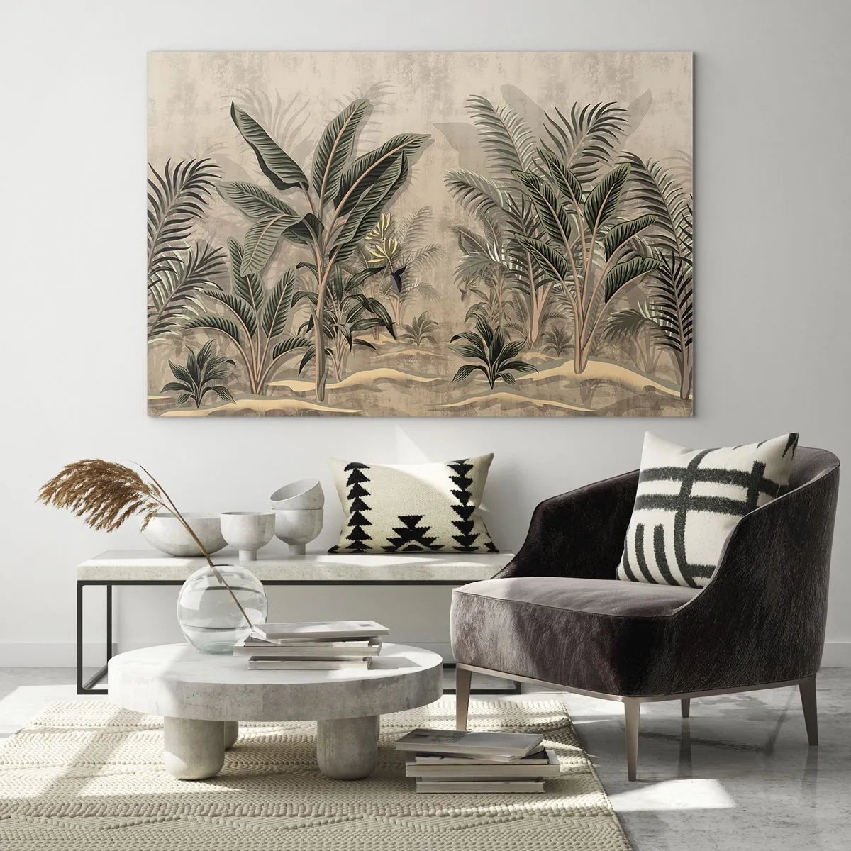 Glasbild - Bild auf glas - Tropische Pflanzen auf beigem Untergrund im Kolonialstil - 70x50cm - Eine Gravur im Kolonialstil - Moderne Wanddekoration für Wohnzimmer und Schlafzimmer ARTTOR