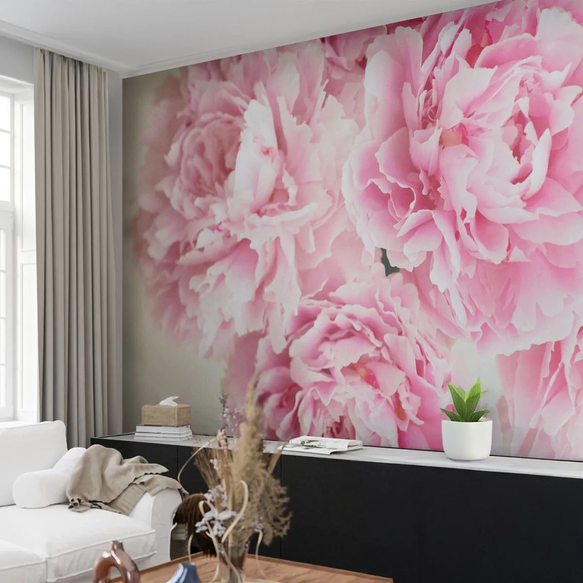 Fototapete Premium Sand - In rosa Glamour - Pfingstrosen, Blumenstrauß, Blumen - 350x256 cm