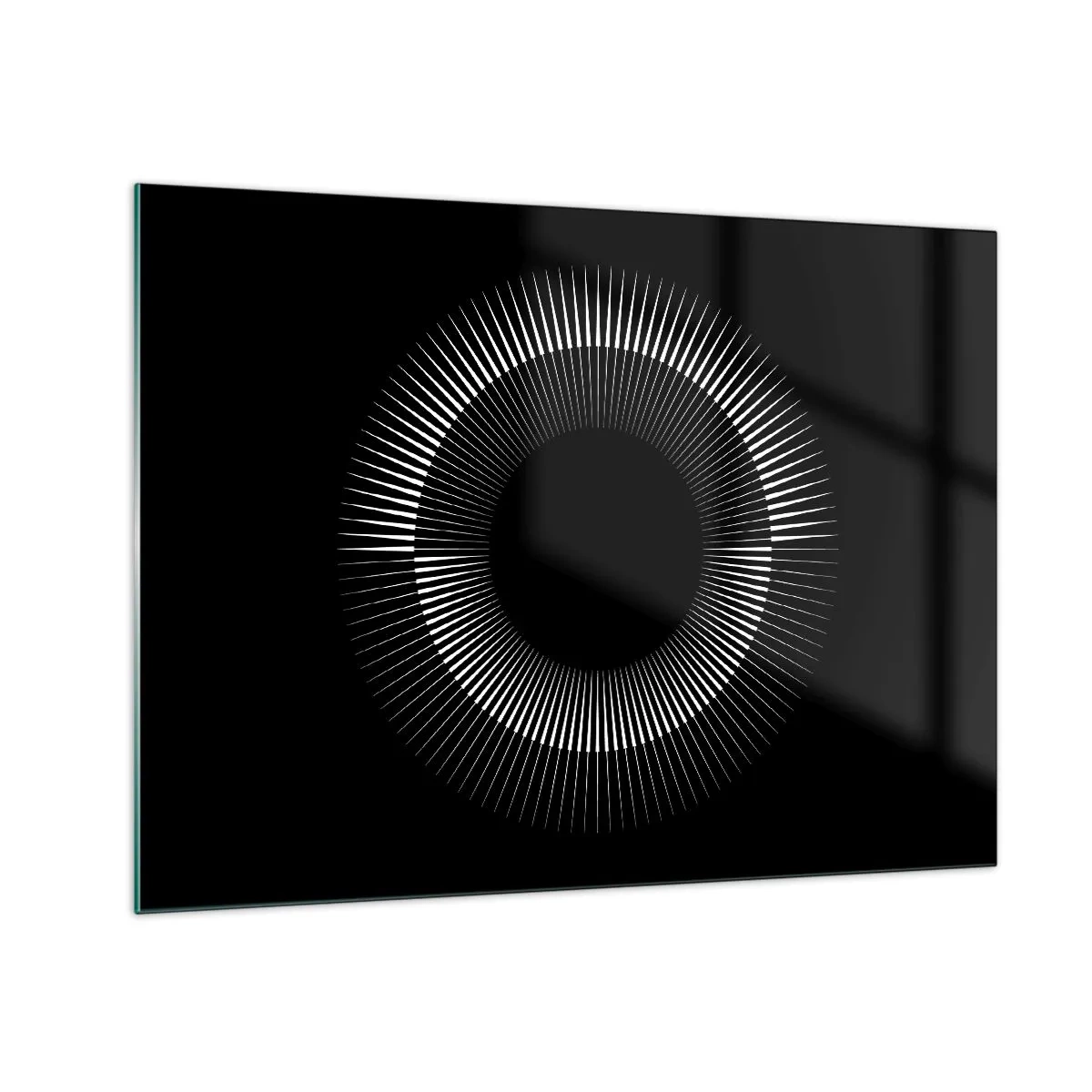 Glasbild - Bild auf glas - Weiße Strahlen bilden einen Kreis auf schwarzem Hintergrund - 70x50cm - Schwarze Sonne - Moderne Wanddekoration für Wohnzimmer und Schlafzimmer ARTTOR