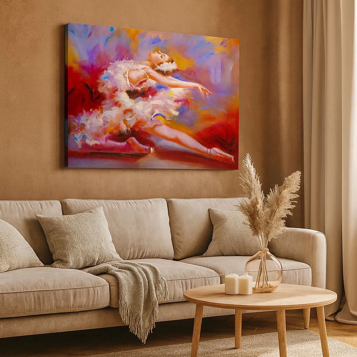 Bild auf Leinwand - Leinwandbild - Eine Ballerina in dynamischer Pose inmitten von Pastellfarben. - 70x50cm - Schwan Gnade - Moderne Wanddekoration für Wohnzimmer und Schlafzimmer ARTTOR