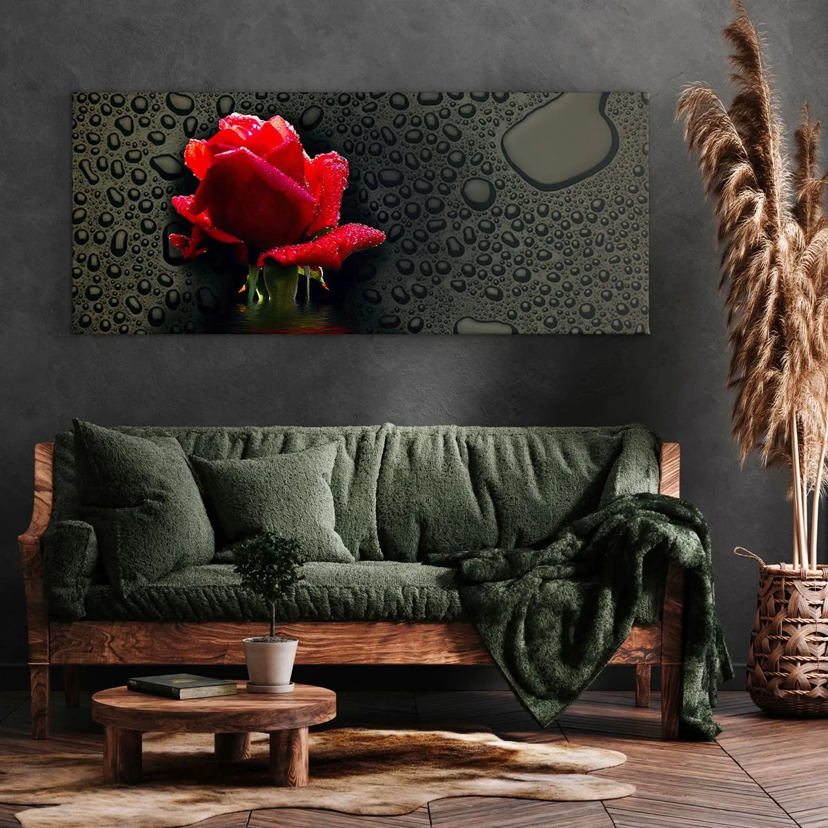 Bild auf Leinwand - Leinwandbild - Rote Rose mit Wassertropfen auf dunklem Hintergrund - 160x50cm - rot und Schwarz - Moderne Wanddekoration für Wohnzimmer und Schlafzimmer ARTTOR