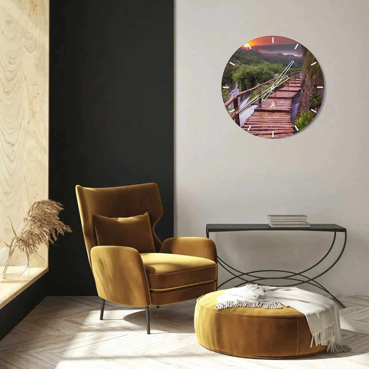 Wanduhr - Glasuhr - Holzsteg über Wasserfälle im Wald bei Sonnenuntergang - 30x30cm - Schönheit jenseits des Glaubens - Moderne Wanddekoration für Wohnzimmer, Küche und Schlafzimmer ARTTOR