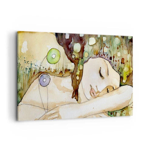 Bild auf Leinwand - Leinwandbild - Eine träumende Frau, umgeben von abstrakten Formen und Farben. - 120x80cm - Ein smaragd-violetter Traum - Moderne Wanddekoration für Wohnzimmer und Schlafzimmer ARTTOR