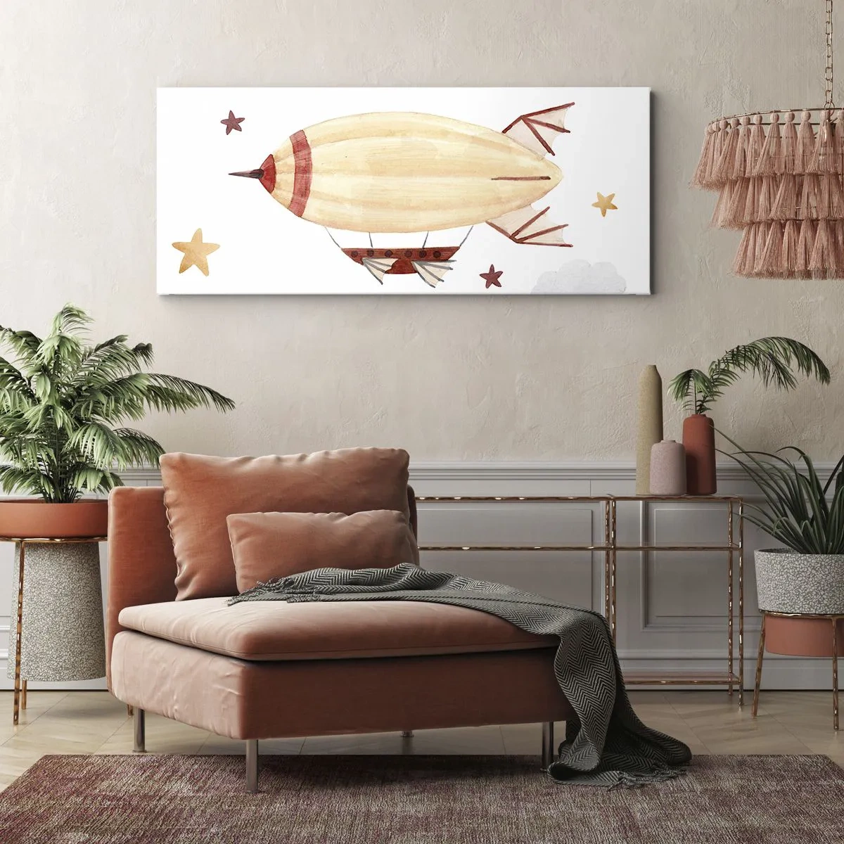 Bild auf Leinwand - Leinwandbild - Ein handbemaltes Luftschiff vor Sternenhimmel - 160x50cm - Luftschiff - Moderne Wanddekoration für Wohnzimmer und Schlafzimmer ARTTOR
