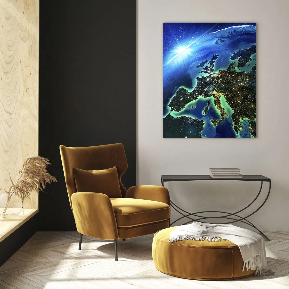 Glasbild - Bild auf glas - Ein Blick auf Europa aus dem Weltraum im Schein der aufgehenden Sonne. - 70x100cm - Funkelndes Europa - Moderne Wanddekoration für Wohnzimmer und Schlafzimmer ARTTOR