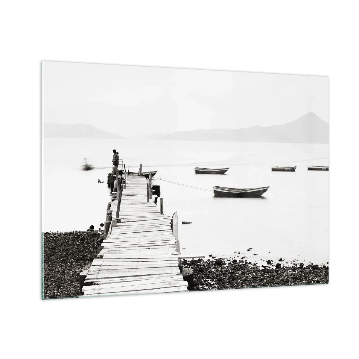 Glasbild - Bild auf glas - Schwarz-Weiß-Ansicht eines Holzstegs über einem See - 100x70cm - Ruhig und sauber über dem Wasser - Moderne Wanddekoration für Wohnzimmer und Schlafzimmer ARTTOR