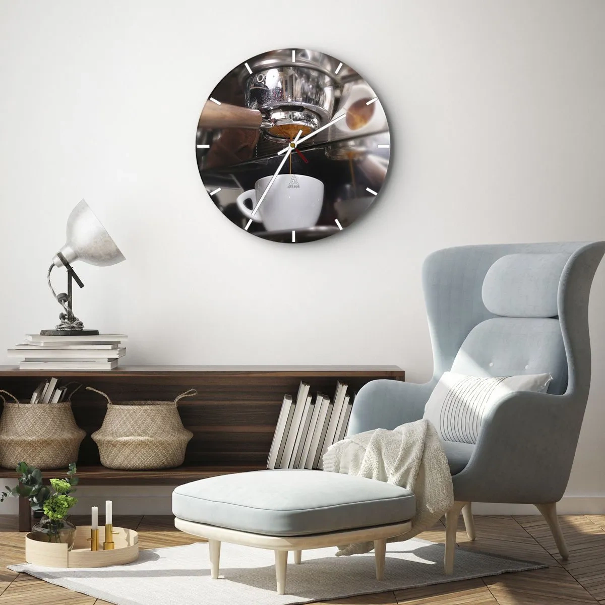 Wanduhr - Glasuhr - Nahaufnahme einer Kaffeemaschine mit einer Tasse Espresso - 30x30cm - Gute Zeit des Tages - Moderne Wanddekoration für Wohnzimmer, Küche und Schlafzimmer ARTTOR