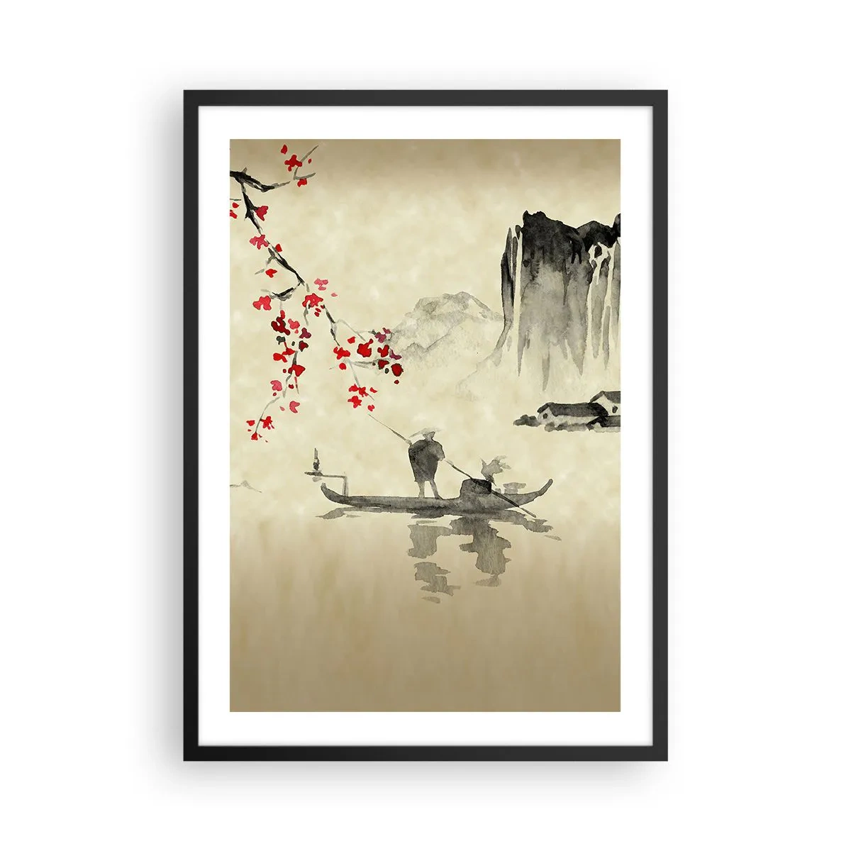 Poster in einem schwarzem Rahmen - Orientalische Szene mit Fischern auf einem Boot - 50x70cm - Im Land der blühenden Kirschbäume - Moderne Wanddekoration für Wohnzimmer und Schlafzimmer ARTTOR