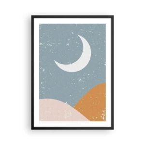 Poster in einem schwarzem Rahmen - Ein minimalistischer Mond über einer abstrakten Landschaft. - 50x70cm - Wunder vieler Nächte - Moderne Wanddekoration für Wohnzimmer und Schlafzimmer ARTTOR