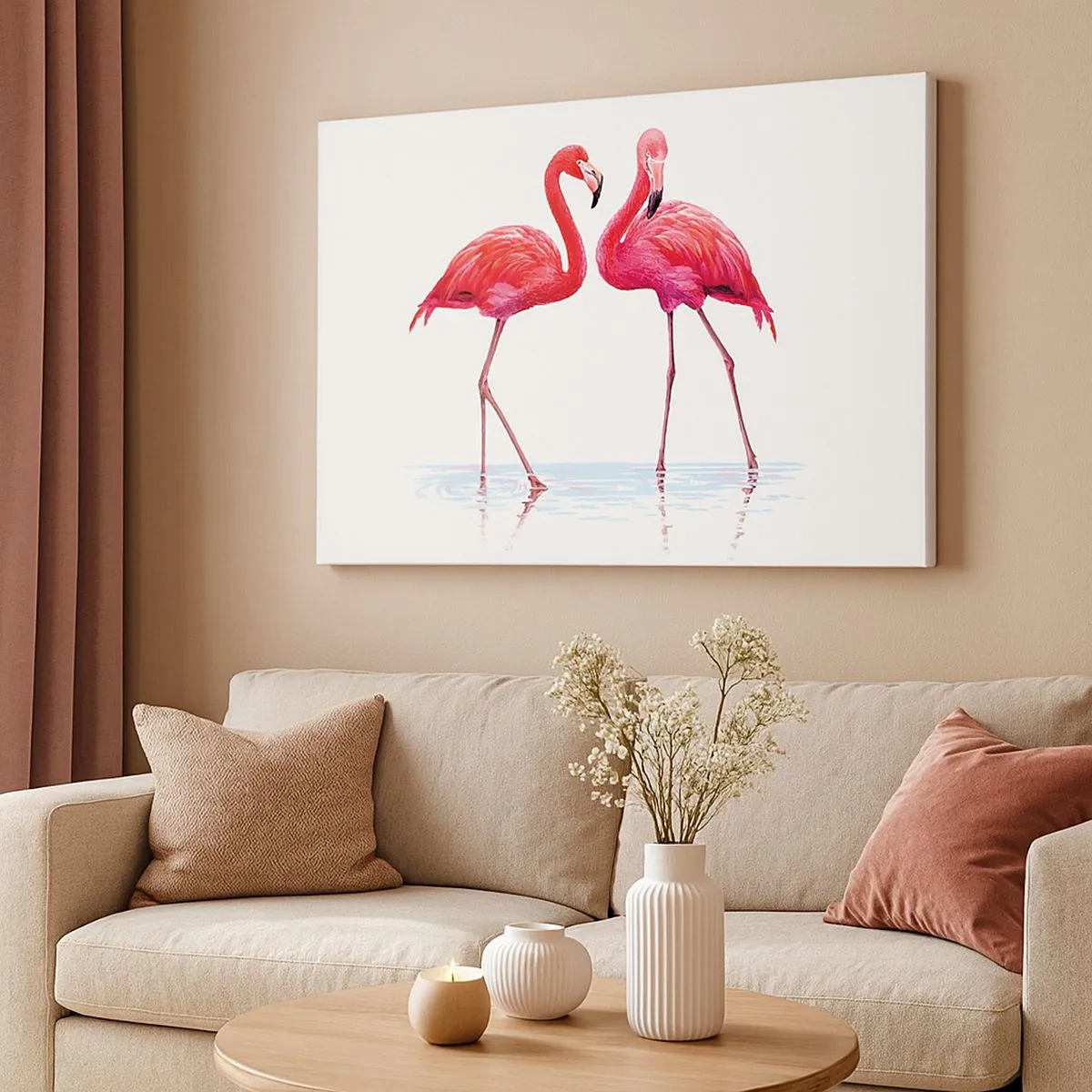 Bild auf Leinwand - Leinwandbild - Ein Flamingopaar im Wasser vor hellem Hintergrund - 70x50cm - Rosa randez-vous - Moderne Wanddekoration für Wohnzimmer und Schlafzimmer ARTTOR