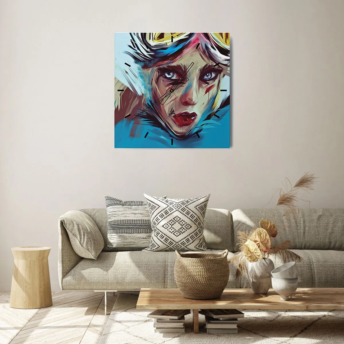 Wanduhr - Glasuhr - Porträt einer Frau in dynamischen Farben und einem abstrakten Stil - 30x30cm - Strassenkämpferin - Moderne Wanddekoration für Wohnzimmer und Schlafzimmer ARTTOR