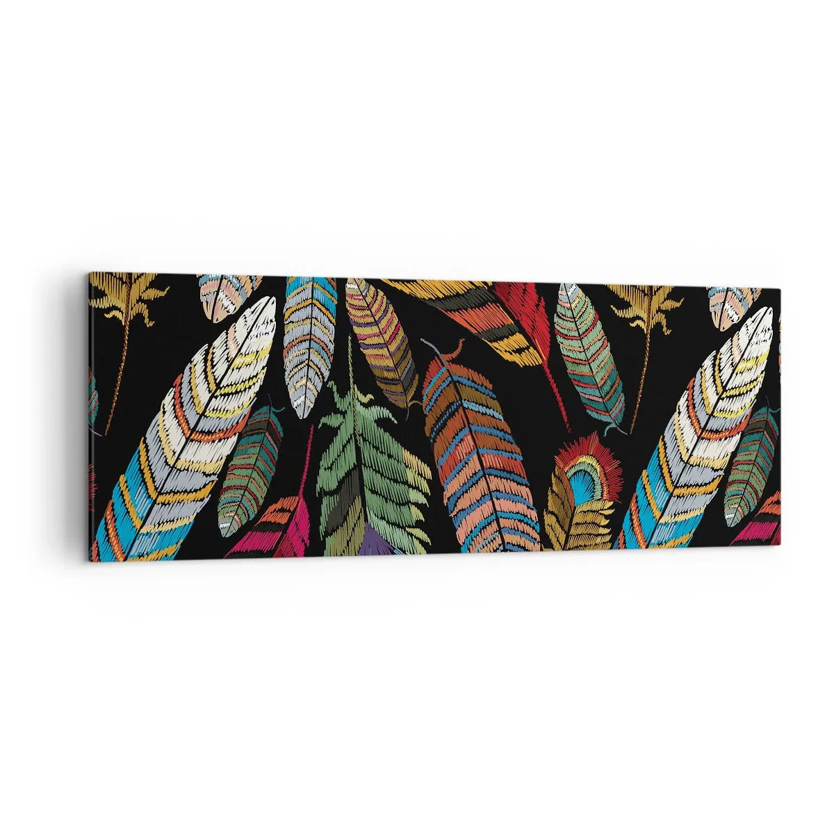 Bild auf Leinwand - Leinwandbild - Bunte Federn auf schwarzem Hintergrund - 140x50cm - Der Vogelkarneval - Moderne Wanddekoration für Wohnzimmer und Schlafzimmer ARTTOR