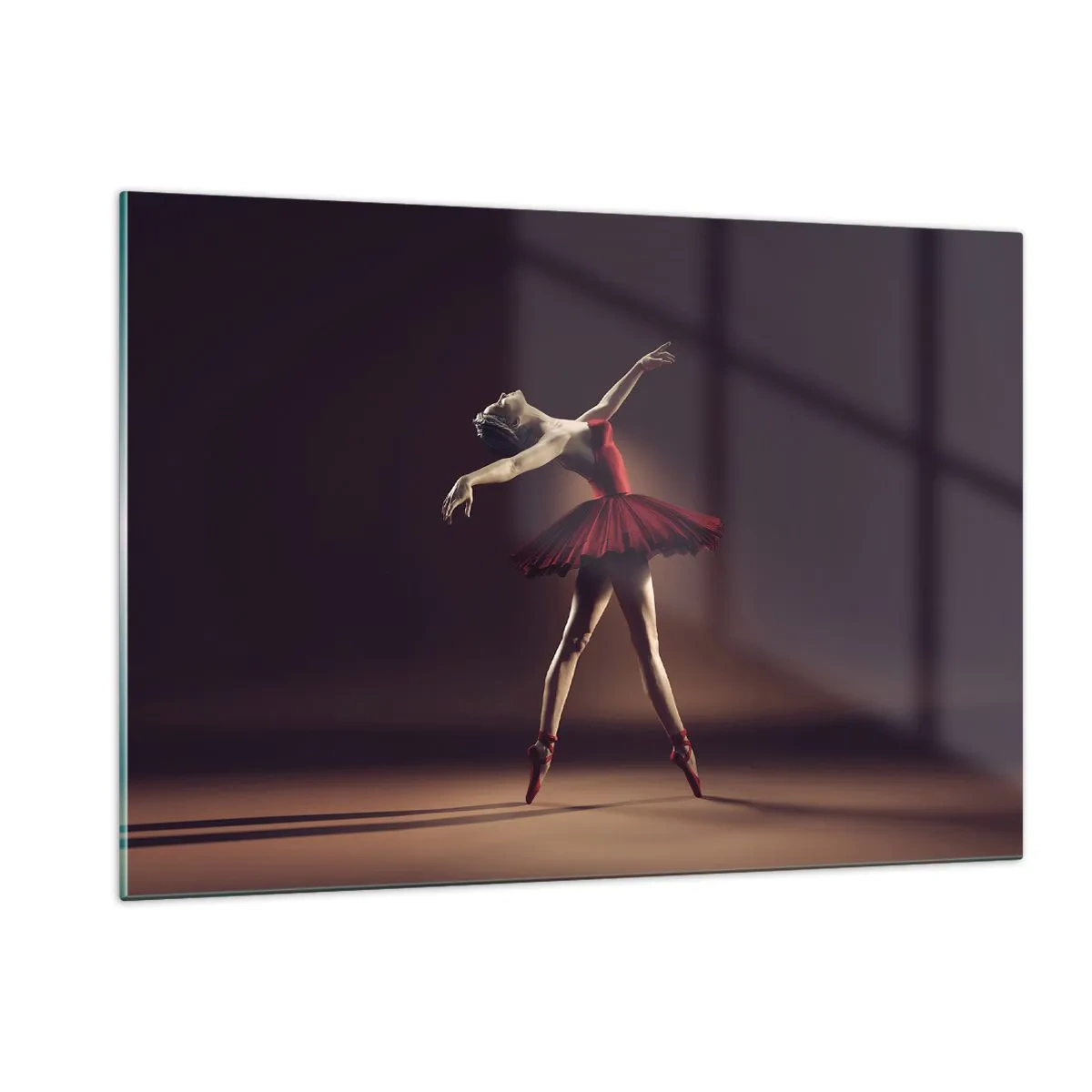 Glasbild - Bild auf glas - Eine Ballerina im roten Kleid in dynamischer Pose - 120x80cm - Eine Primaballerina - Moderne Wanddekoration für Wohnzimmer und Schlafzimmer ARTTOR