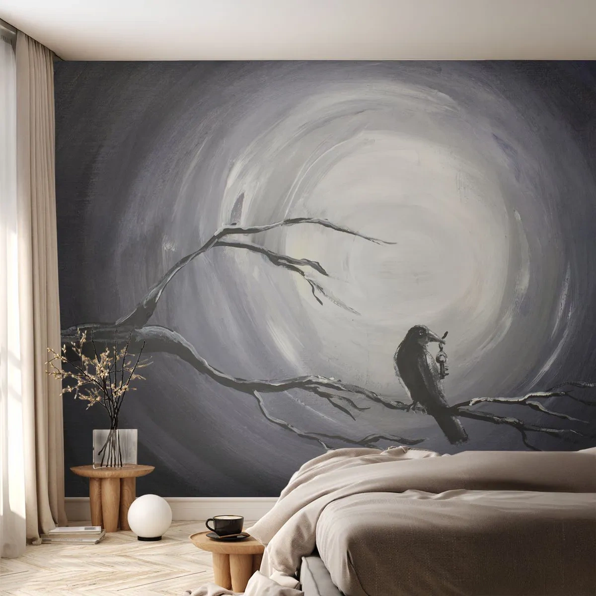 Selbstklebende Fototapete Deluxe Sticker - Der Schlüssel zum Geheimnis der Nacht - Abstraktion, Krähe, Vogel - 400x280 cm