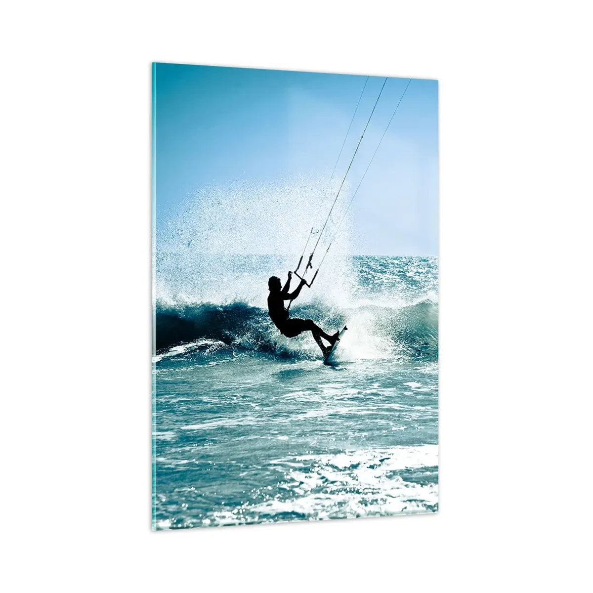 Glasbild - Bild auf glas - Kitesurfer reitet eine Welle in der vollen Sonne - 80x120cm - Hinreißen lassen - Moderne Wanddekoration für Wohnzimmer und Schlafzimmer ARTTOR