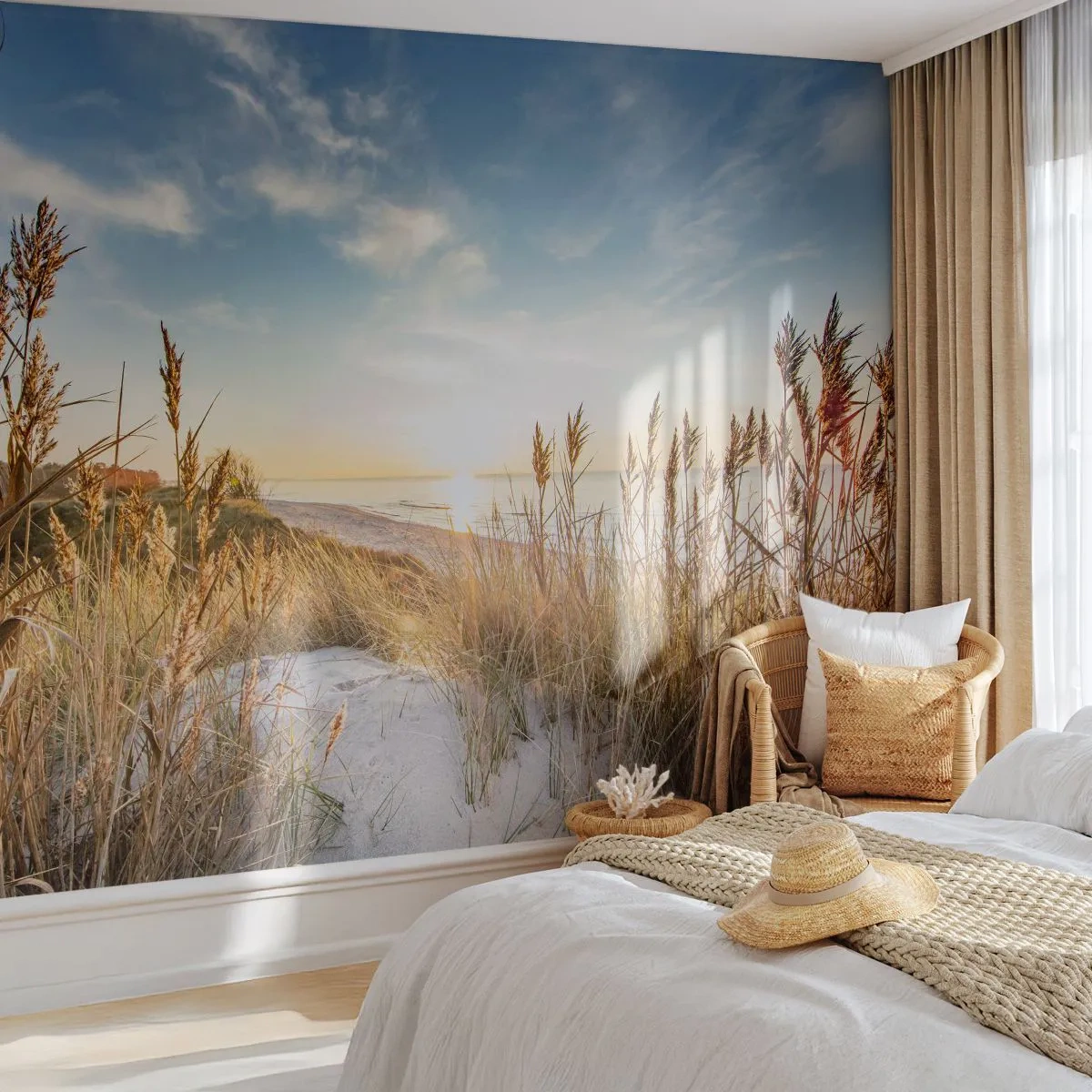 Fototapete Premium Sand - Sonnenuntergangsstrand mit Gras und Sand - 100x70cm - Nordstrand - Moderne Wanddekoration für Wohnzimmer und Schlafzimmer ARTTOR