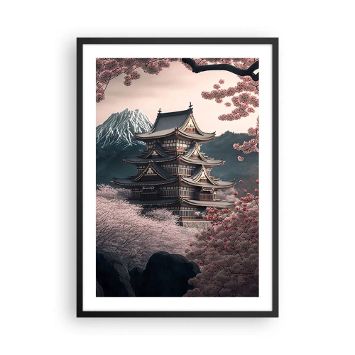Poster in einem schwarzem Rahmen - Japanische Pagode zwischen Kirschblüten - 50x70cm - Land der Kirschblüten - Moderne Wanddekoration für Wohnzimmer und Schlafzimmer ARTTOR