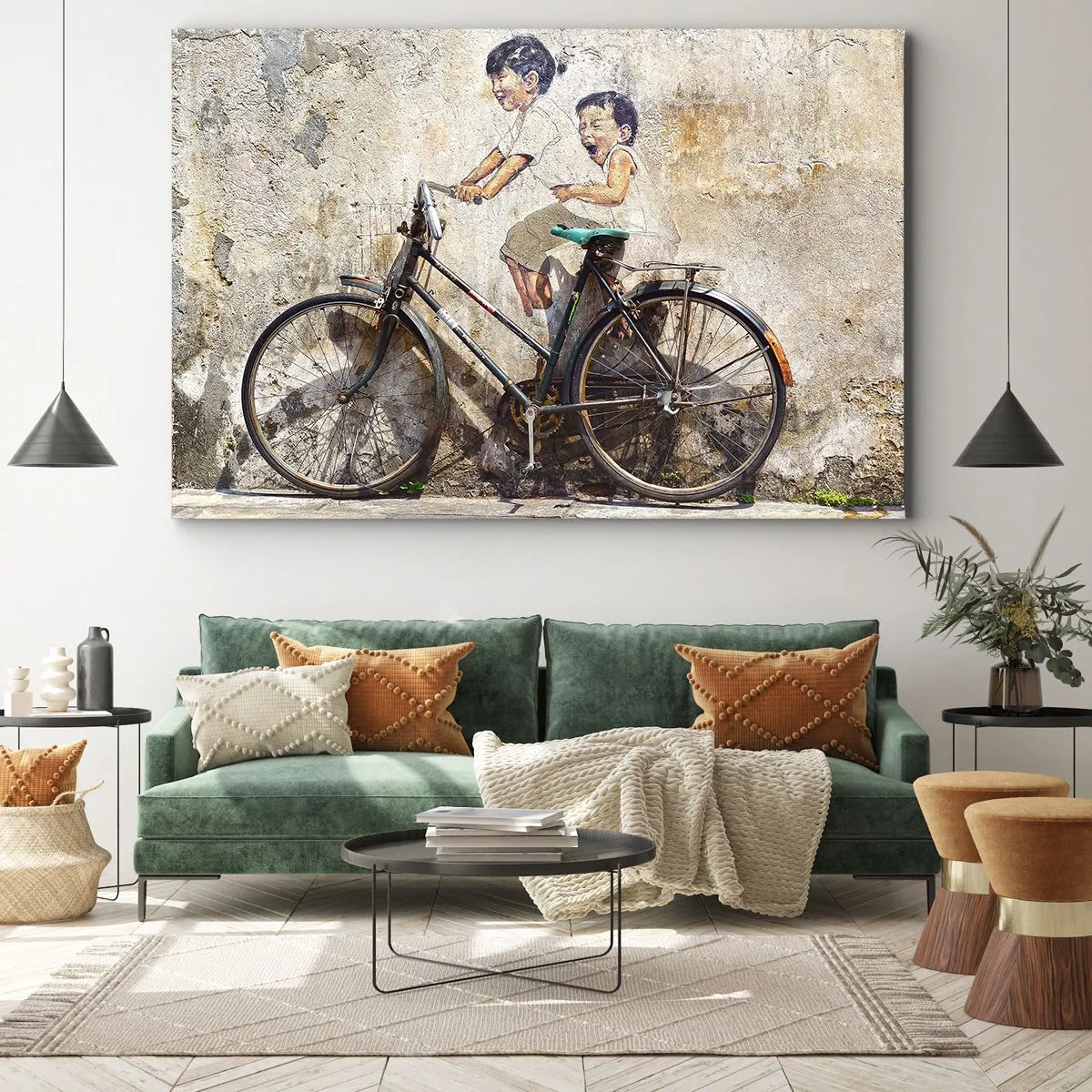 Bild auf Leinwand - Leinwandbild - Streetart mit Fahrrad und Kinderzeichnungen an der Wand - 70x50cm - Richtig oder falsch? - Moderne Wanddekoration für Wohnzimmer und Schlafzimmer ARTTOR