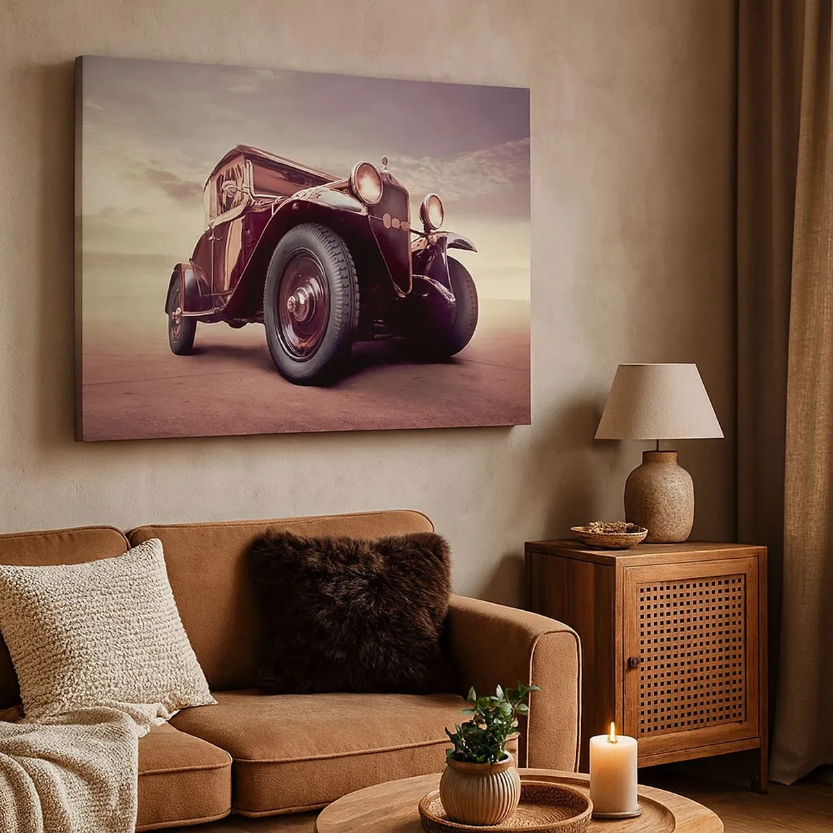 Bild auf Leinwand - Leinwandbild - Ein Oldtimer im klassischen Stil vor dem Himmel - 70x50cm - Gehen wir zurück wie in alten Zeiten ... - Moderne Wanddekoration für Wohnzimmer und Schlafzimmer ARTTOR