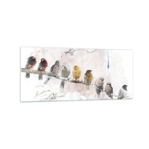 Glasbild - Bild auf glas - Bunte Vögel auf einem Ast im Aquarellstil - 120x50cm - Geflügeltes Treffen - Moderne Wanddekoration für Wohnzimmer und Schlafzimmer ARTTOR