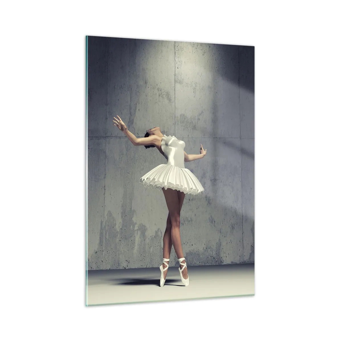 Glasbild - Bild auf glas - Eine Ballerina in einem weißen Kleid vor einer rohen Wand - 50x70cm - Leicht wie ein Vogel - Moderne Wanddekoration für Wohnzimmer und Schlafzimmer ARTTOR
