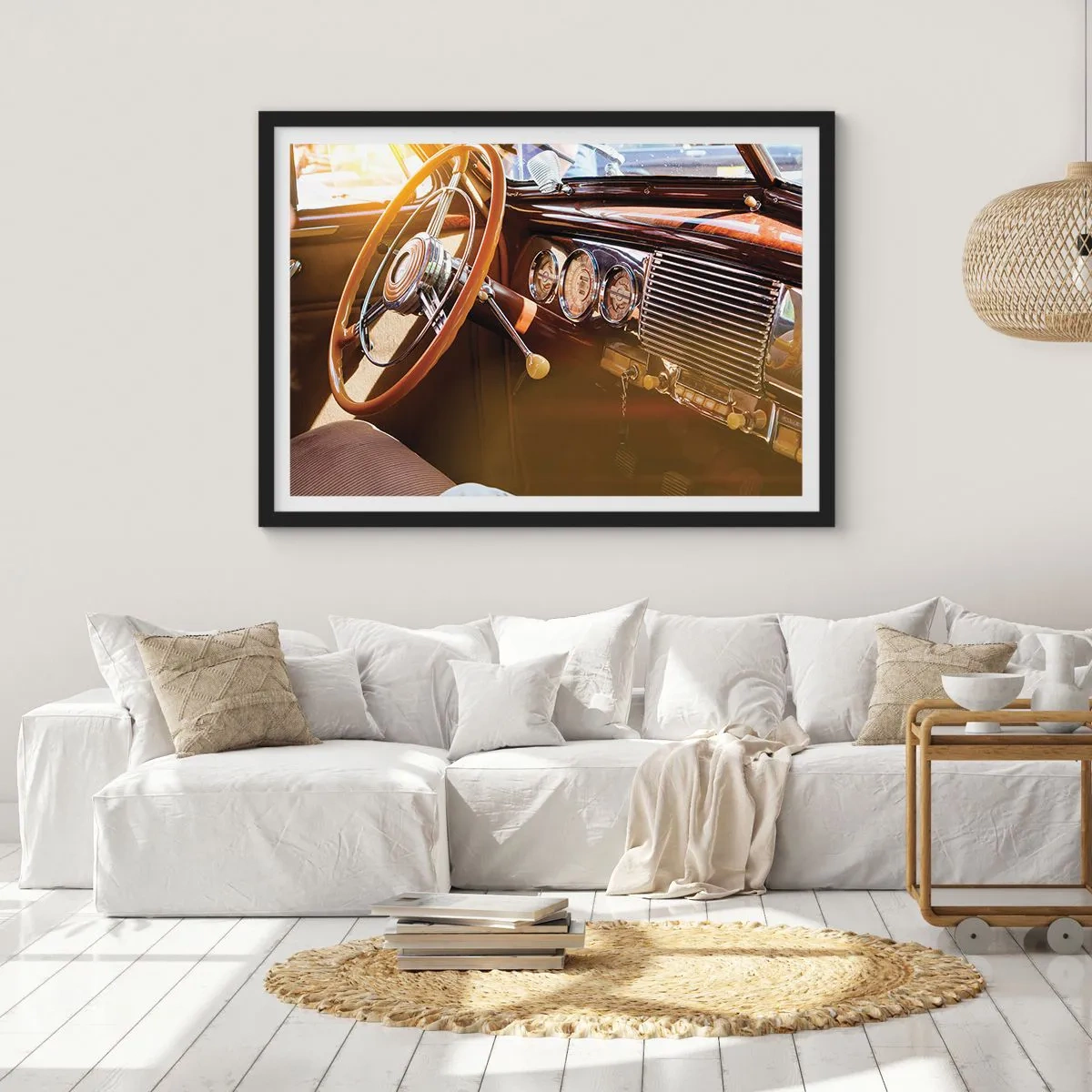 Poster in einem schwarzem Rahmen - Nahaufnahme des Innenraums eines Oldtimers mit Holz- und Chromdetails. - 100x70cm - Ein Hauch von Luxus aus der Vergangenheit - Moderne Wanddekoration für Wohnzimmer und Schlafzimmer ARTTOR