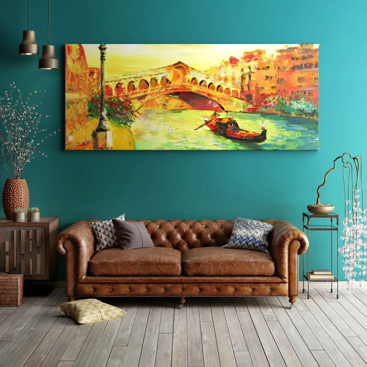 Bild auf Leinwand - Leinwandbild - Eine malerische Brücke über den Kanal mit einer Gondel im Licht der untergehenden Sonne - 160x50cm - Eine Pilgerreise der Liebenden - Moderne Wanddekoration für Wohnzimmer und Schlafzimmer ARTTOR