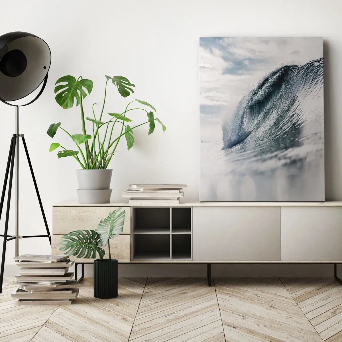Bild auf Leinwand - Leinwandbild - Eine Meereswelle, eingefangen in einem dynamischen Moment vor dem Himmel - 80x120cm - Wasserspitze - Moderne Wanddekoration für Wohnzimmer und Schlafzimmer ARTTOR