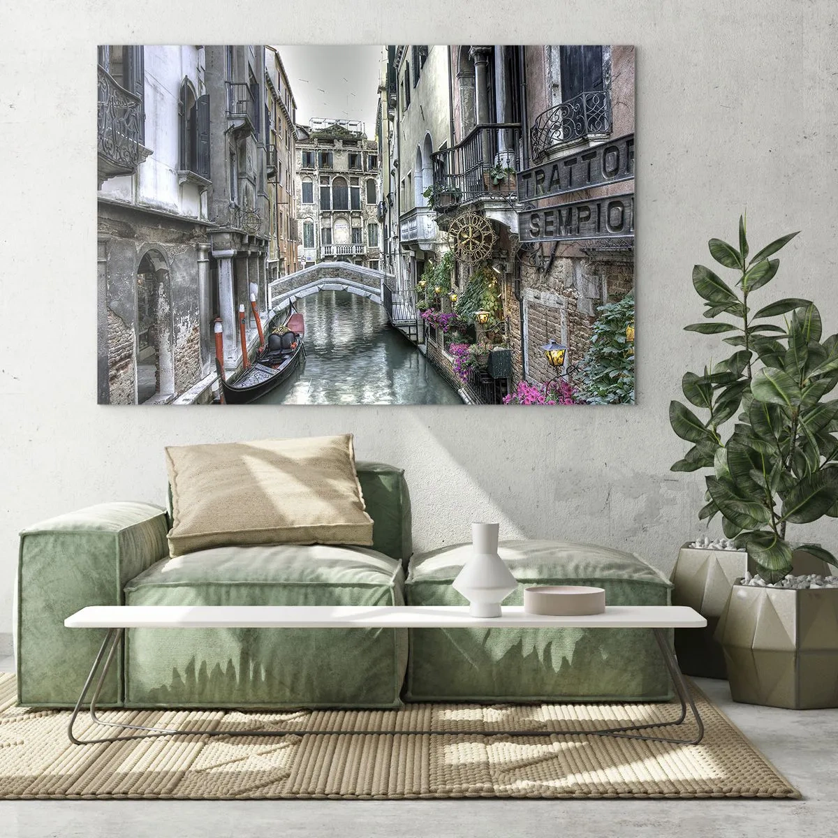 Glasbild - Bild auf glas - Romantischer Blick auf einen venezianischen Kanal mit einer Gondel - 120x80cm - Seit Jahrhunderten in stiller Besinnung - Moderne Wanddekoration für Wohnzimmer und Schlafzimmer ARTTOR