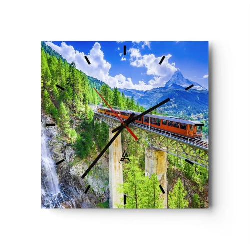 Wanduhr - Glasuhr - Eine Achterbahn auf einer Brücke mit Blick auf einen Wasserfall und Berge - 30x30cm - Jetzt sind Alpen dran - Moderne Wanddekoration für Wohnzimmer und Schlafzimmer ARTTOR