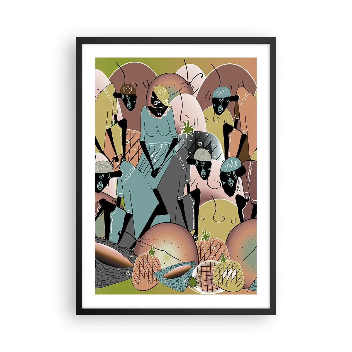Poster in einem schwarzem Rahmen - Eine stilisierte Komposition afrikanischer Figuren mit pastellfarbenen Früchten. - 50x70cm - Ein toller Urlaub steht bevor - Moderne Wanddekoration für Wohnzimmer und Schlafzimmer ARTTOR