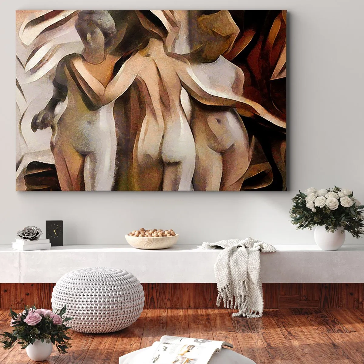 Bild auf Leinwand - Leinwandbild - Eine abstrakte Szene mit drei Figuren in warmen Farben. - 100x70cm - Drei Grazien 2.0 - Moderne Wanddekoration für Wohnzimmer und Schlafzimmer ARTTOR