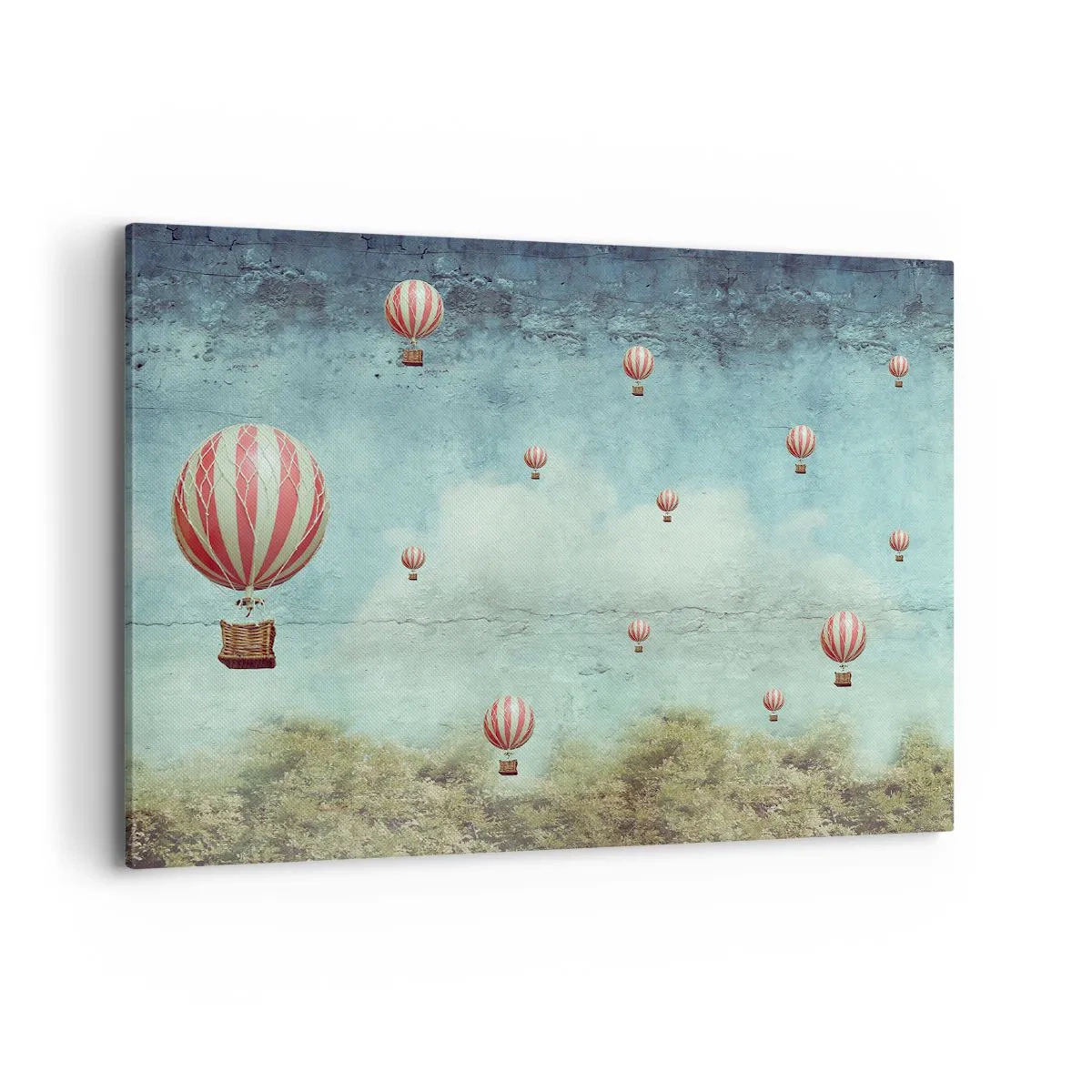 Bild auf Leinwand - Leinwandbild - Retro-Ballons vor blauem Himmel und grünem Hintergrund - 100x70cm - Frei von der Hektik des Lebens - Moderne Wanddekoration für Wohnzimmer und Schlafzimmer ARTTOR