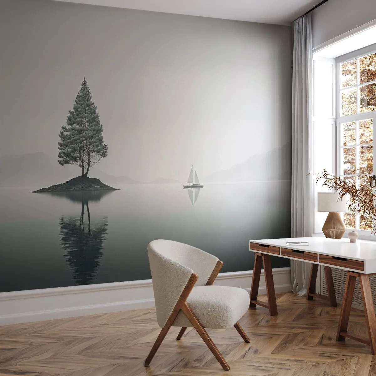 Fototapete Premium Sand - Ein minimalistischer See mit einem einsamen Baum und einem Segelboot in einer nebligen Landschaft - 100x70cm - Traum - Moderne Wanddekoration für Wohnzimmer und Schlafzimmer ARTTOR