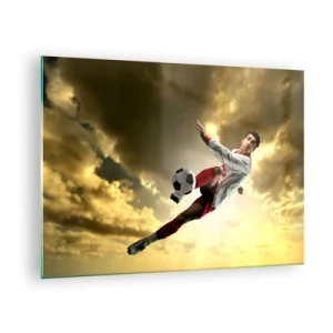 Glasbild - Bild auf glas - Ein Fußballspieler in Aktion vor einem goldenen Himmel - 70x50cm - Fußballhimmel - Moderne Wanddekoration für Wohnzimmer und Schlafzimmer ARTTOR
