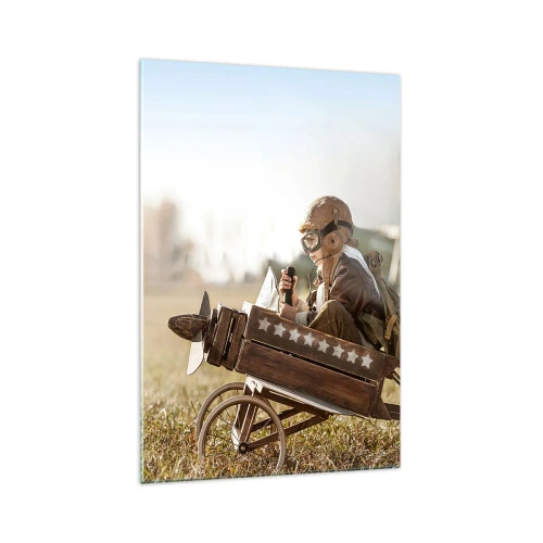 Glasbild - Bild auf glas - Ein Kind in einem Spielzeugflugzeug mit einem Feld im Hintergrund - 70x100cm - Start in Richtung eines Traums - Moderne Wanddekoration für Wohnzimmer und Schlafzimmer ARTTOR
