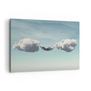 Bild auf Leinwand - Leinwandbild - Eine Person entspannt in einer Hängematte in den Wolken - 100x70cm - Die Behaglichkeit des Augenblicks - Moderne Wanddekoration für Wohnzimmer und Schlafzimmer ARTTOR