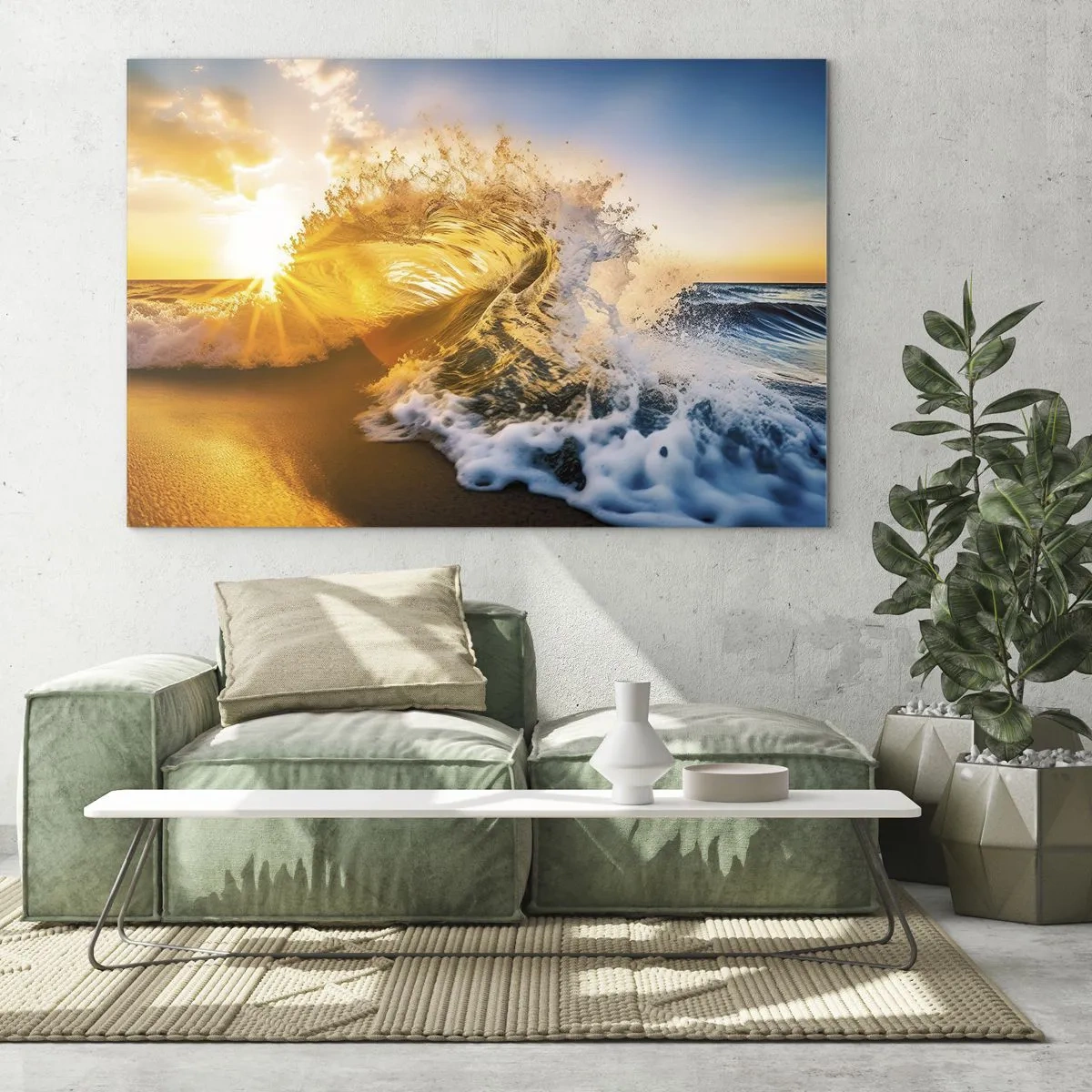 Glasbild - Bild auf glas - Eine Welle, die gegen die Küste bricht, beleuchtet von den Strahlen der untergehenden Sonne - 70x50cm - Spaß im Sand - Moderne Wanddekoration für Wohnzimmer und Schlafzimmer ARTTOR