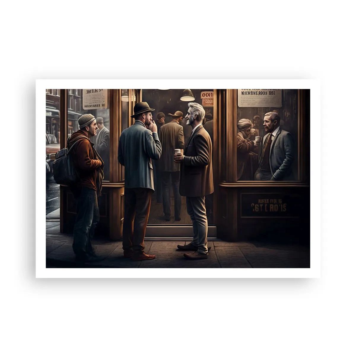 Poster - Straßenszene mit Menschen vor einem Retro-Café - 100x70cm - Gute Zeit des Tages - Moderne Wanddekoration für Wohnzimmer und Schlafzimmer ARTTOR