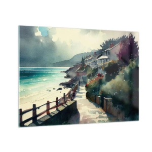 Glasbild - Bild auf glas - Eine Strandpromenade mit bunten Häusern und Wasser - 70x50cm - Mittelmeerstadt - Moderne Wanddekoration für Wohnzimmer und Schlafzimmer ARTTOR