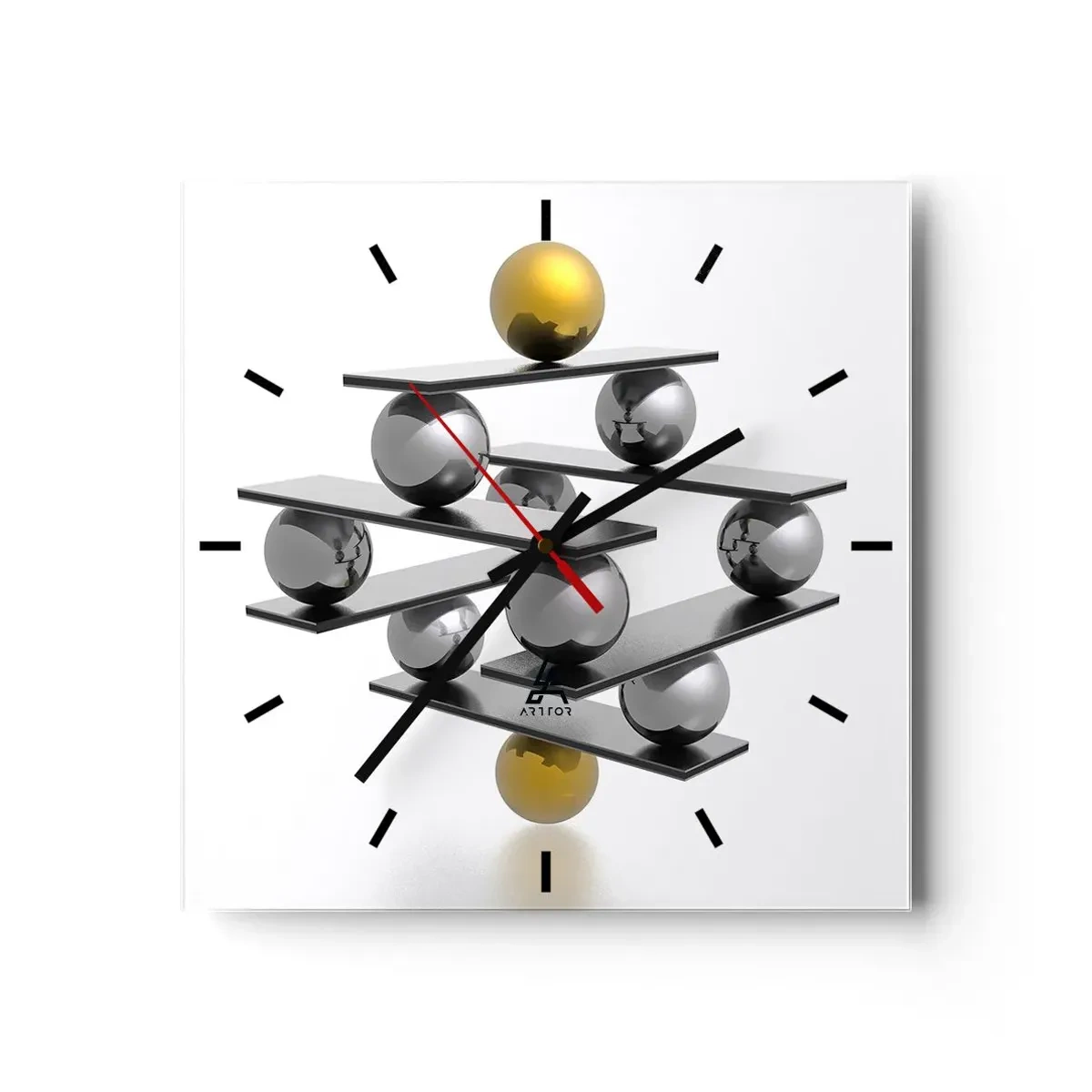 Wanduhr - Glasuhr - Geometrische Komposition mit Metallkugeln und einem goldenen Akzent - 30x30cm - Gold- und Silberbalance - Moderne Wanddekoration für Wohnzimmer und Schlafzimmer ARTTOR